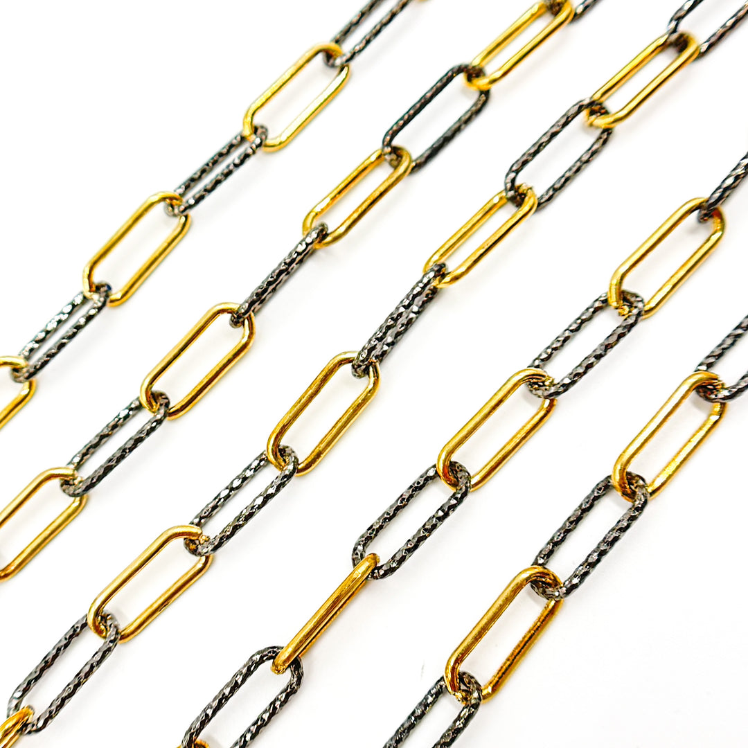 Gold Plated and Black Rhodium Sterling Silver Smooth and Diamond Cut Paperclip Chain