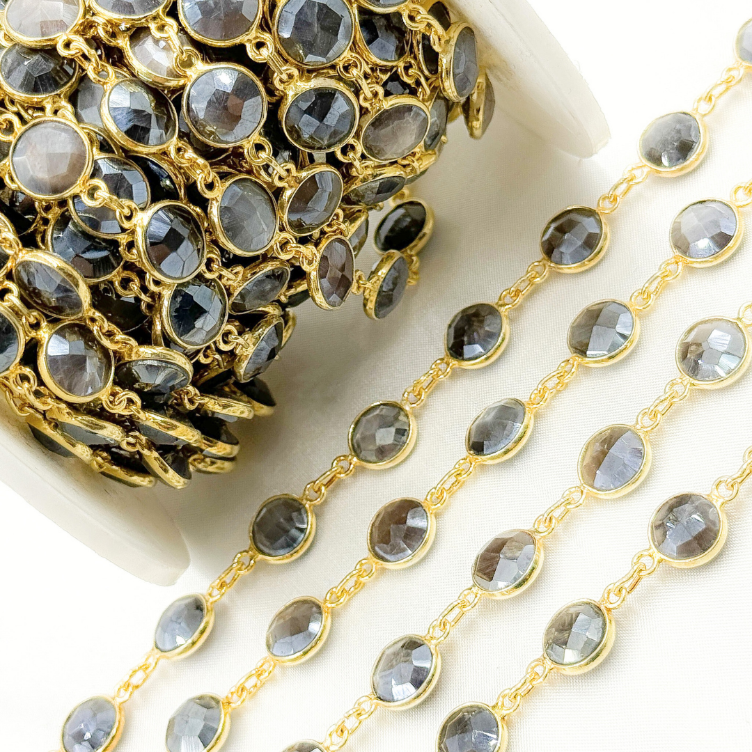 Coated Grey Moonstone Round Shape Bezel Gold Plated Wire Chain. CMS23