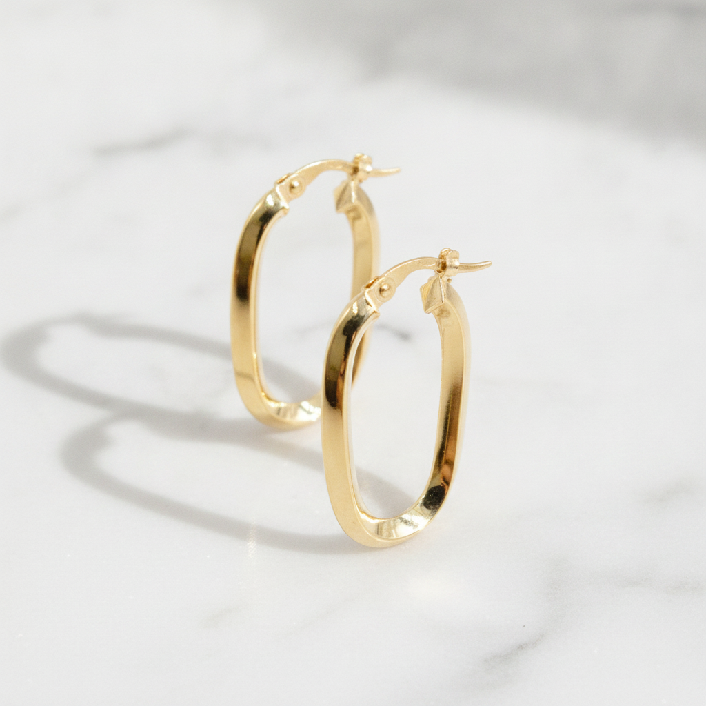 15850021777.  14K Solid Gold Fancy Rectangle Hollow Hoop Earrings