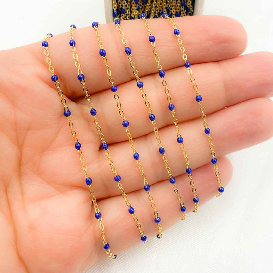 Gold Plated Sterling Silver Enamel Blue Color Cable Chain