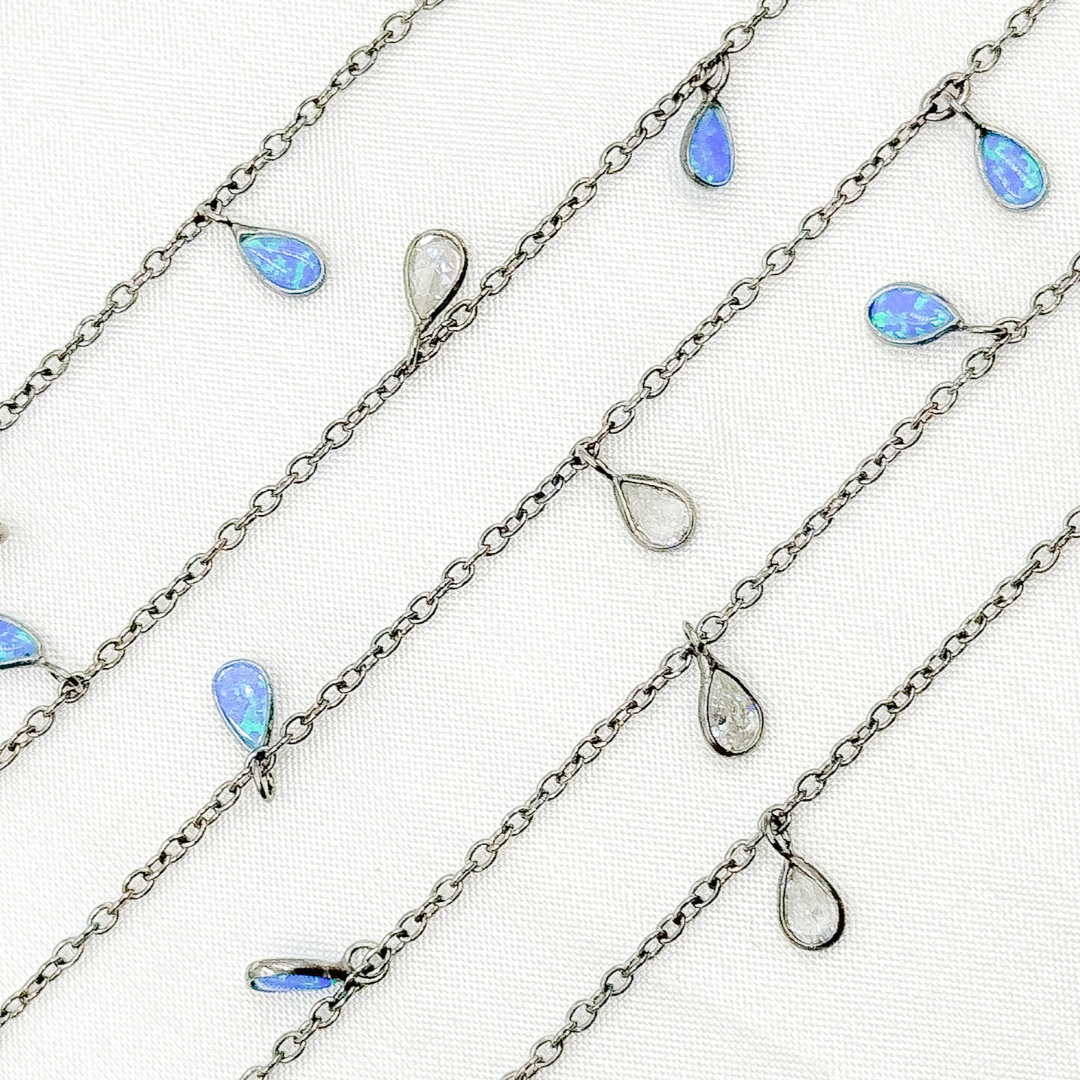 Created Blue Opal & CZ Tear Drop Shape Dangle Chain.