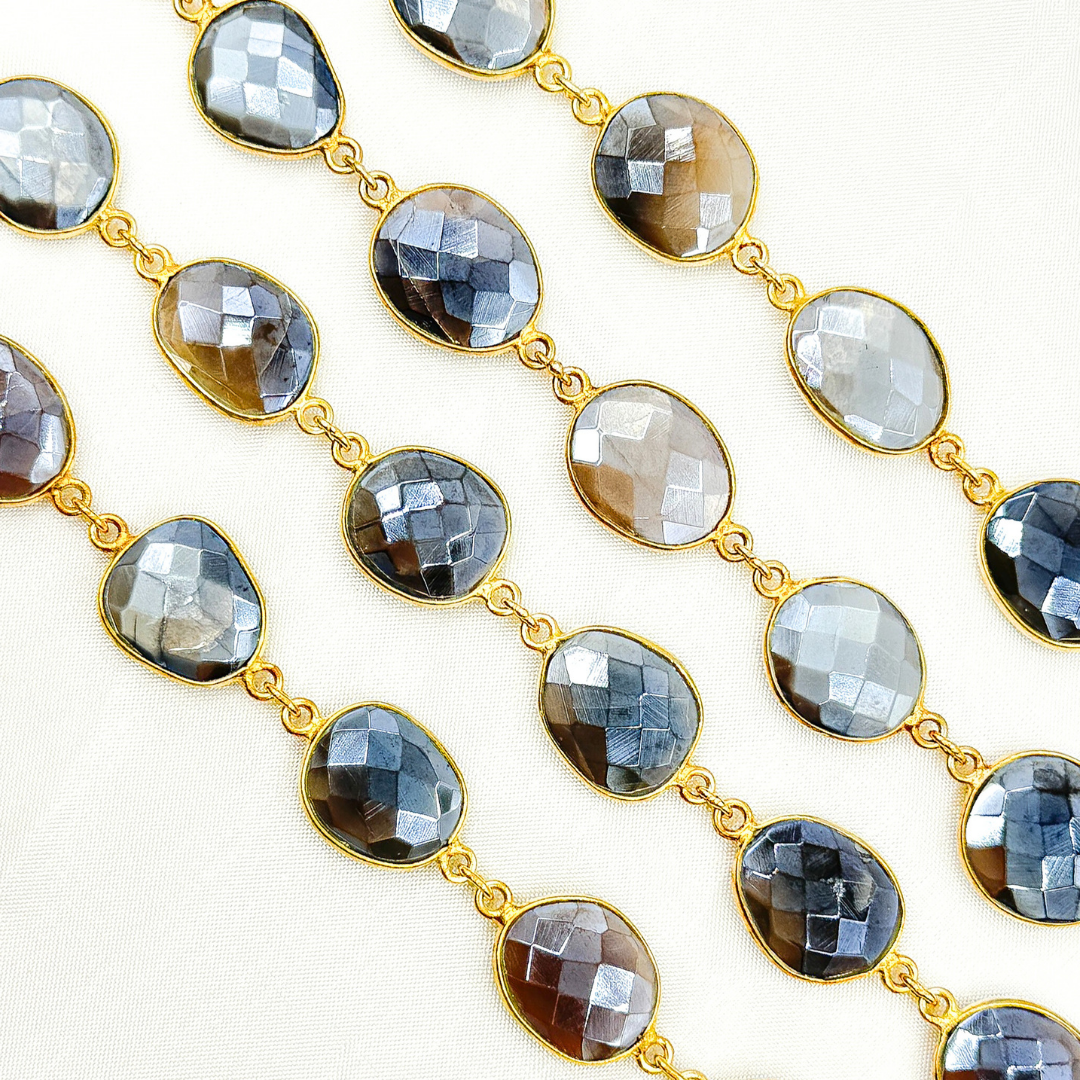 Coated Grey Moonstone Organic Shape Bezel Gold Plated Wire Chain. CMS28