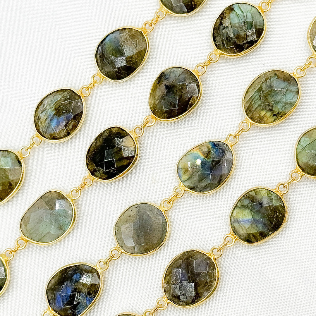 Labradorite Organic Shape Bezel Gold Plated Wire Chain. LAB31