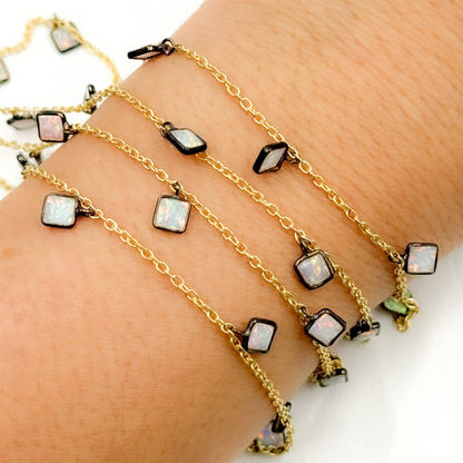 Created White Opal Square Shape Dangle Wire Chain