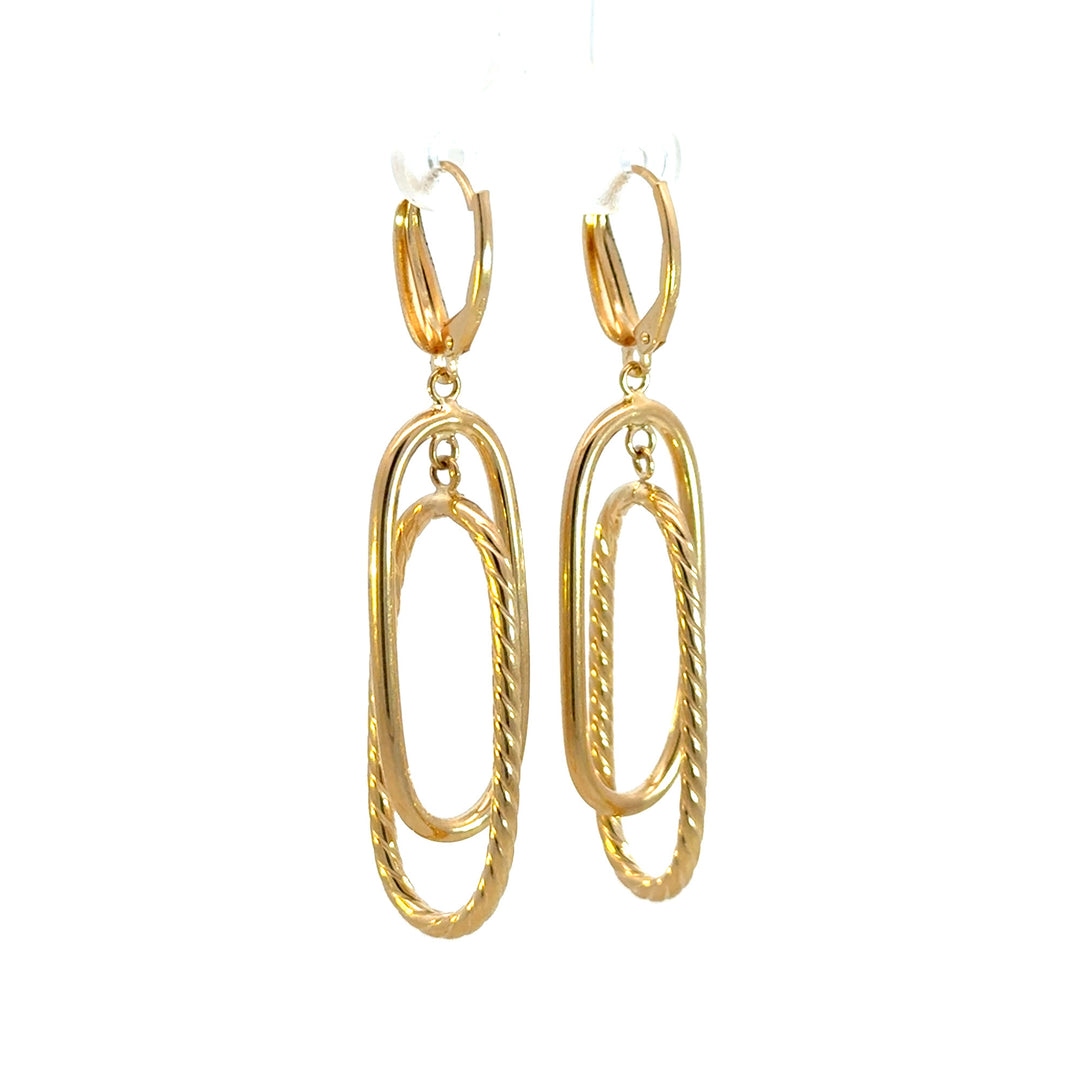 15850022130. 14K Solid Gold Smooth and Textured Tube Hollow Oval Dangle Leverback Earrings