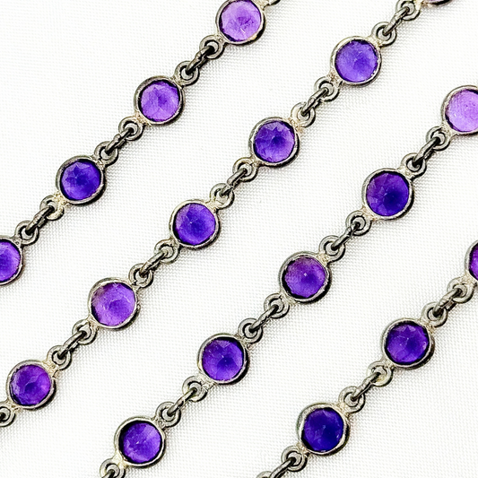 Amethyst Round Shape Bezel Oxidized Wire Chain