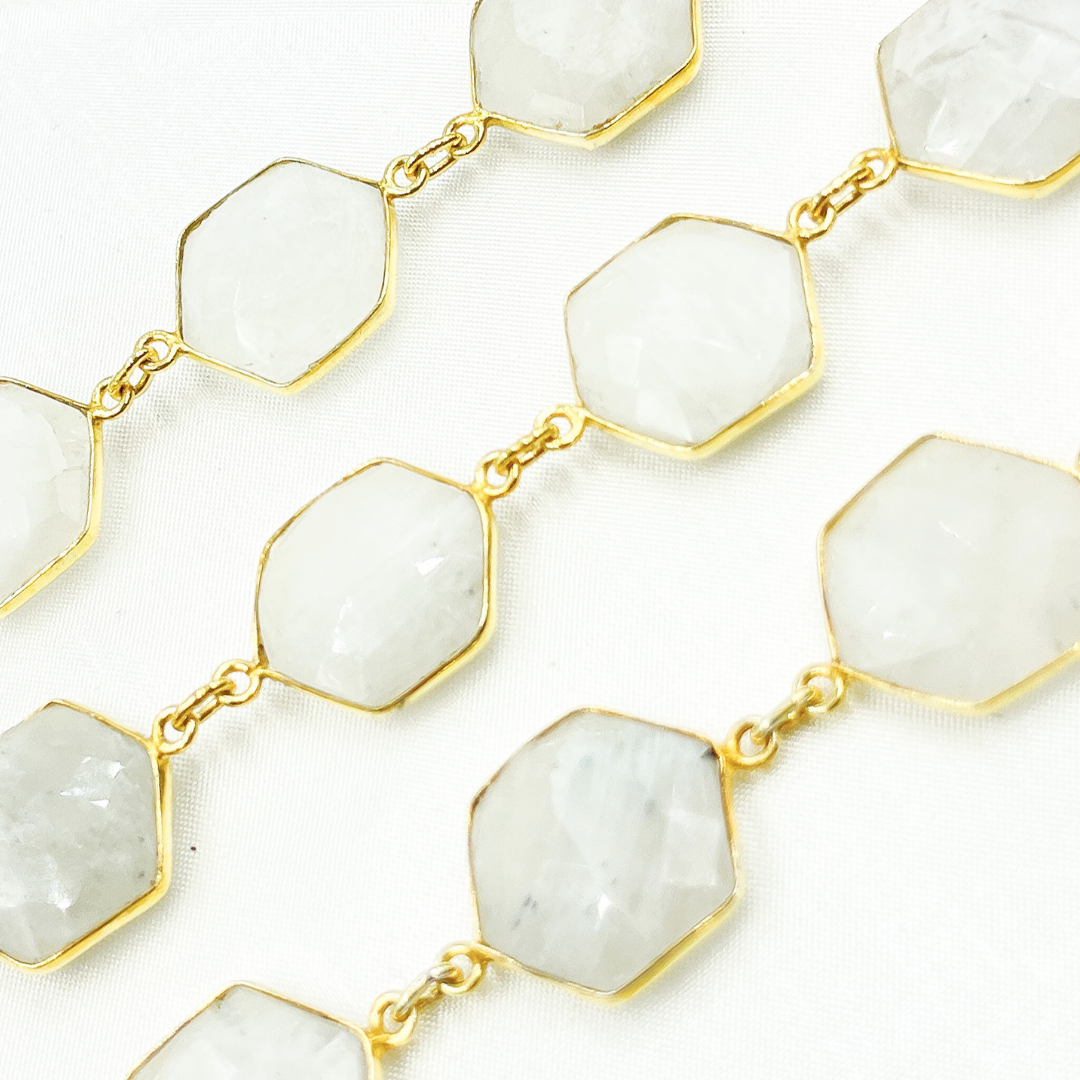 White Moonstone Hexagon Shape Bezel Gold Plated Wire Chain