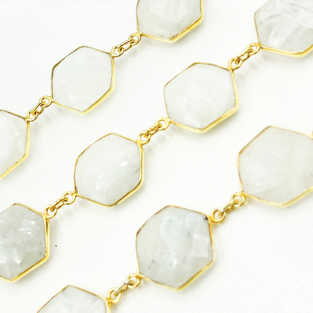White Moonstone Hexagon Shape Bezel Gold Plated Wire Chain. WMS17