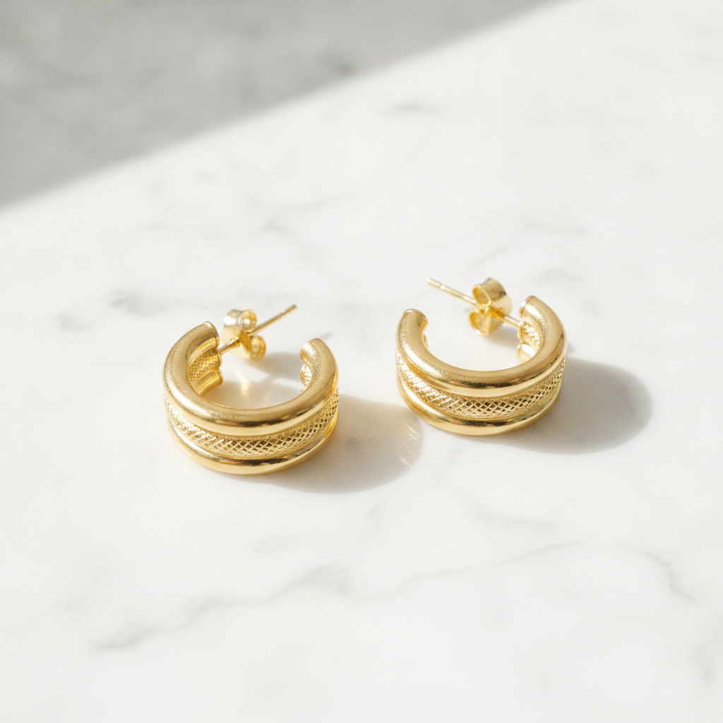 15850025518. 14K Solid Gold Smooth and Textured Triple Line Hollow Hoop Earrings