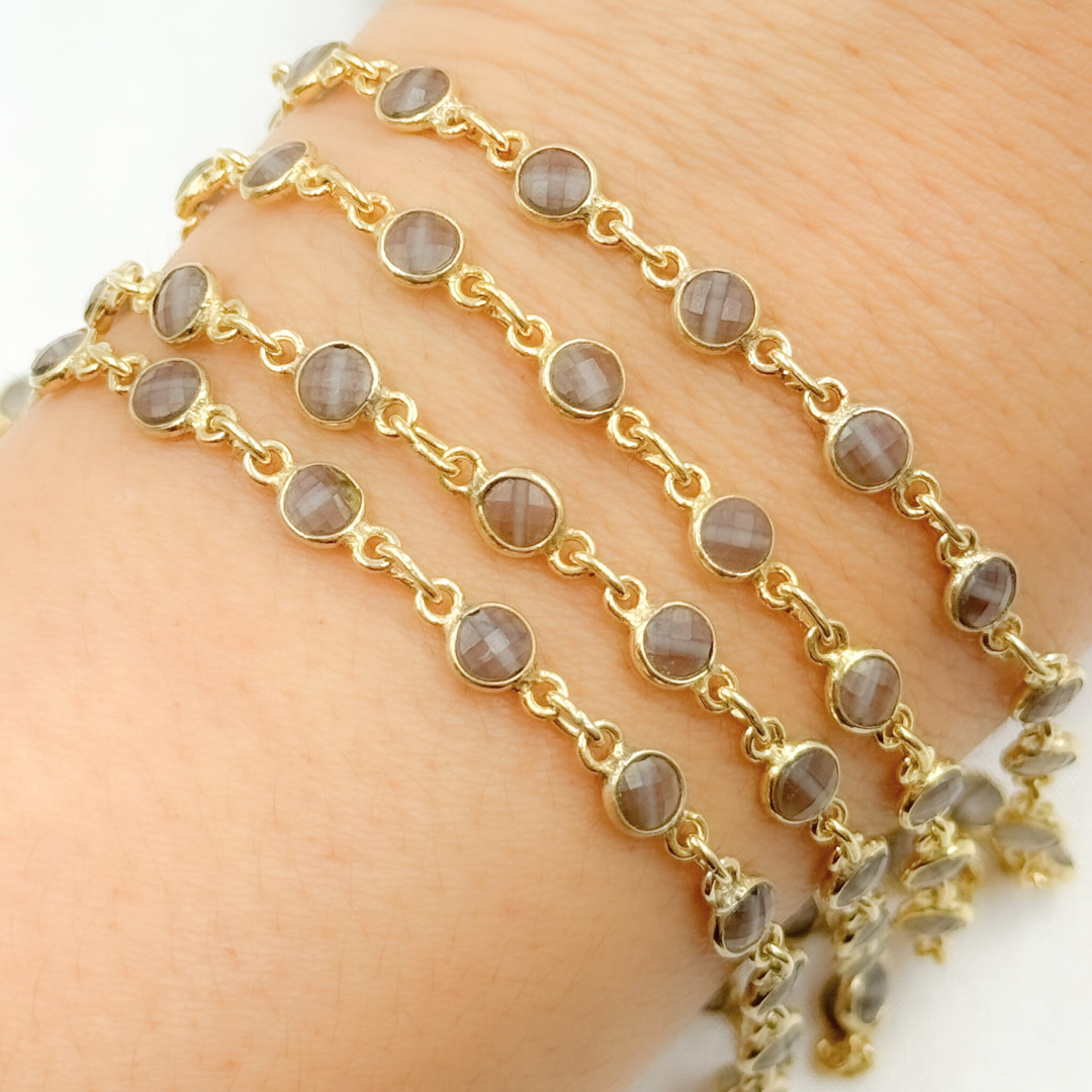 Coated Grey Moonstone Round Shape Bezel Gold Plated Wire Chain. CMS21