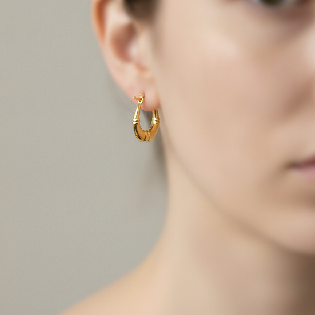 GER179. 14K Solid Gold Textured Hollow Hoops Earrings