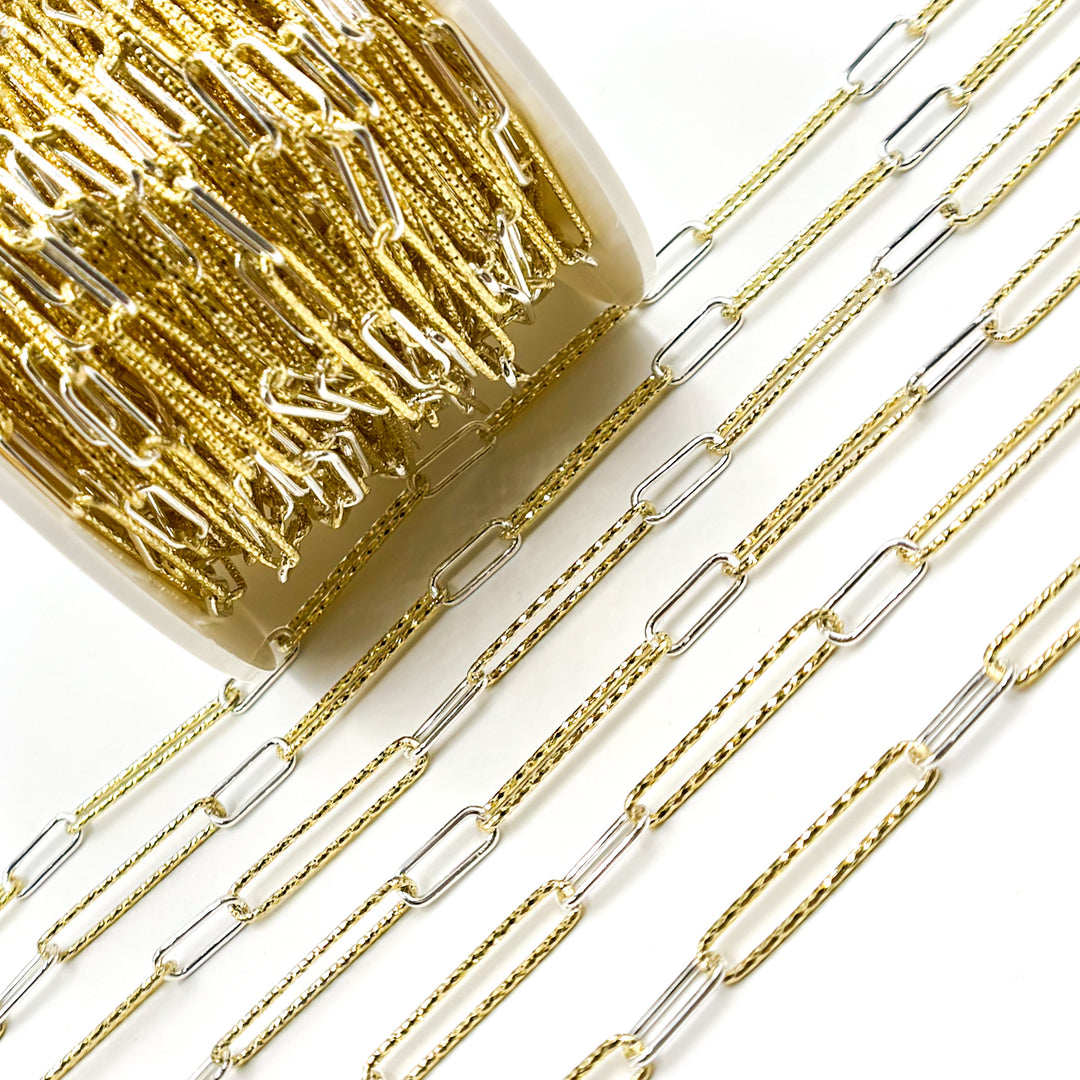 Sterling Silver Smooth and Gold Plated Diamond Cut Paperclip Chain