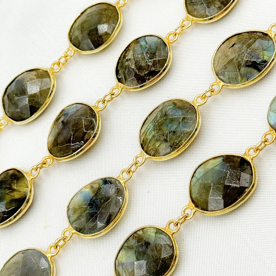 Labradorite Organic Shape Bezel Gold Plated Wire Chain. LAB31