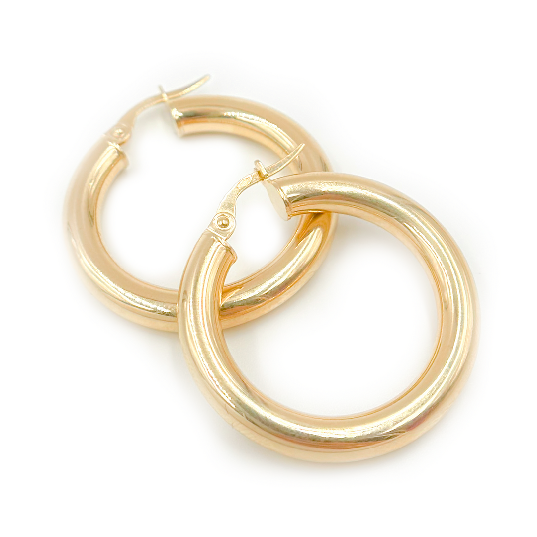 15850000043. 14K Solid Gold Hollow Smooth Hoop Earrings