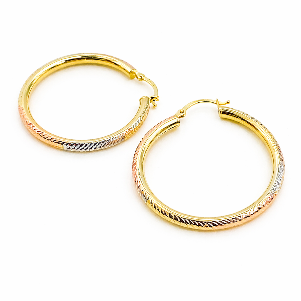 GER72. 14K Gold Tri-Color Hollow Hoop Earrings with Engraved Tornado Design