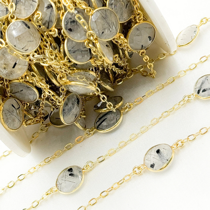 Black Rutile Round Shape Bezel Gold Plated Connected Wire Chain