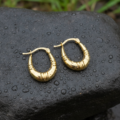 GER179. 14K Solid Gold Textured Hollow Hoops Earrings