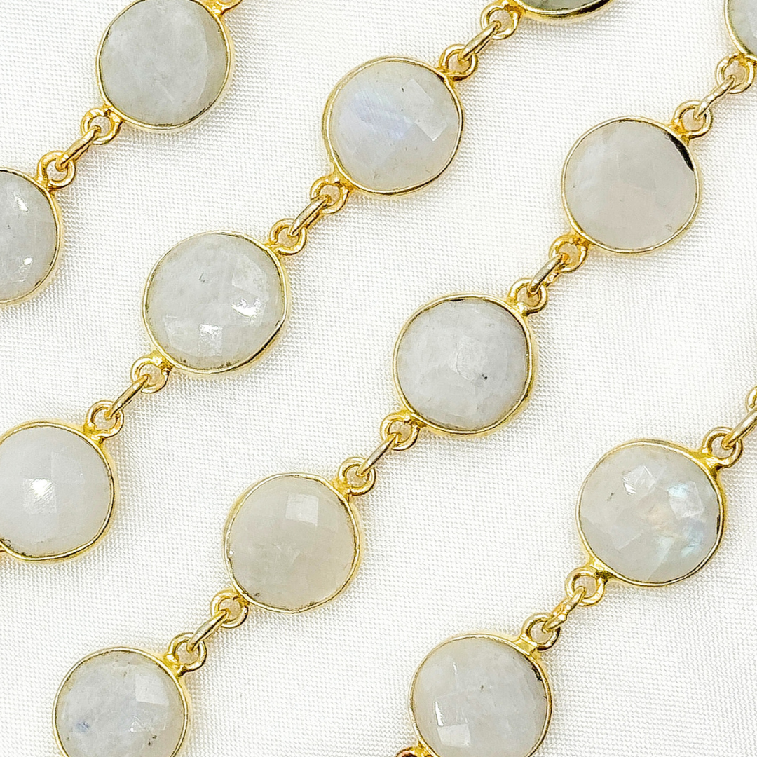 White Moonstone  Round Shape Bezel Gold Plated Wire Chain.