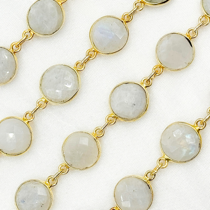 White Moonstone  Round Shape Bezel Gold Plated Wire Chain.