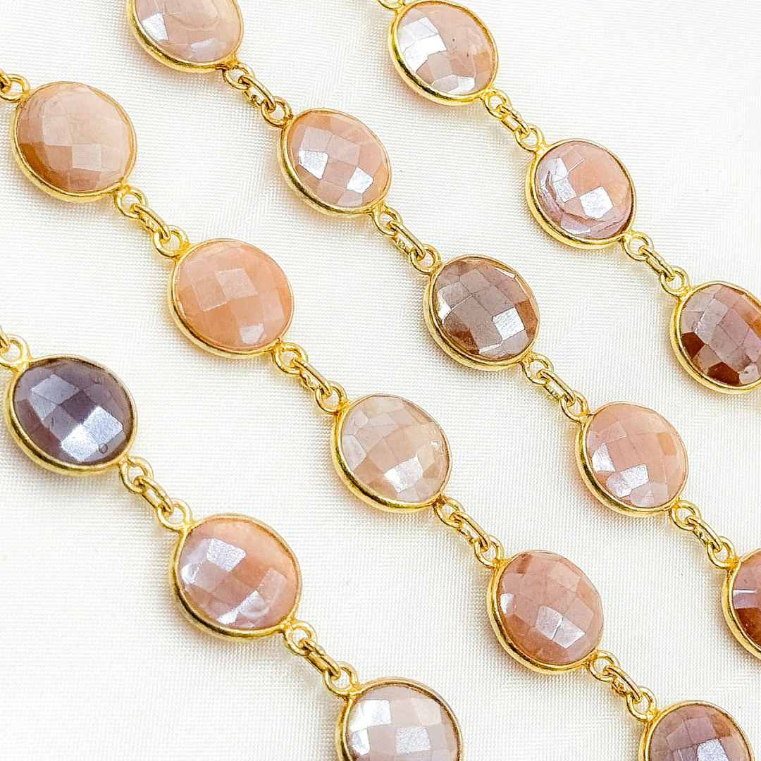 Coated Peach Moonstone Round Shape Bezel Gold Plated Wire Chain. CMS5