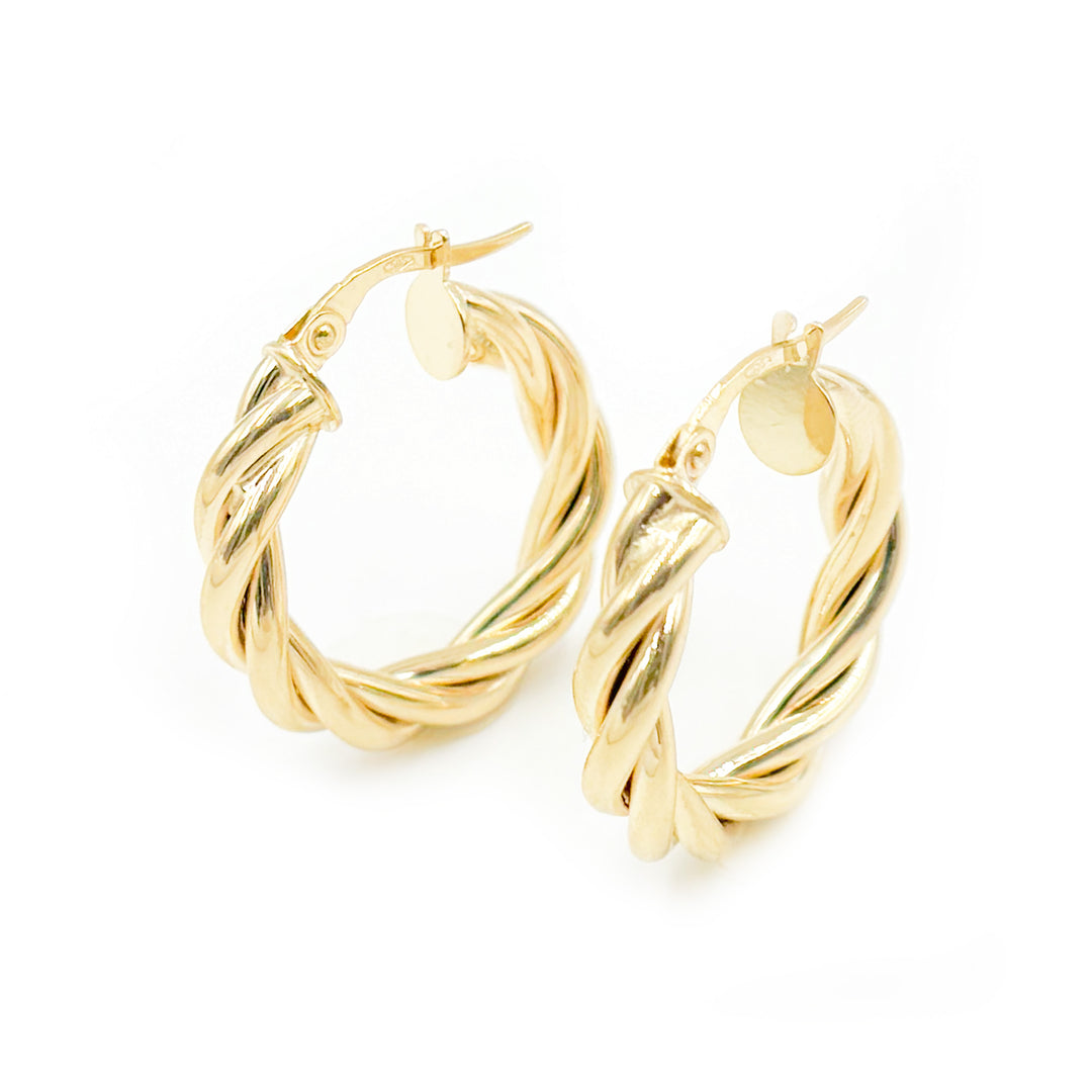 15850004969. 14K Solid Gold Fancy Twisted Hollow Hoop Earrings