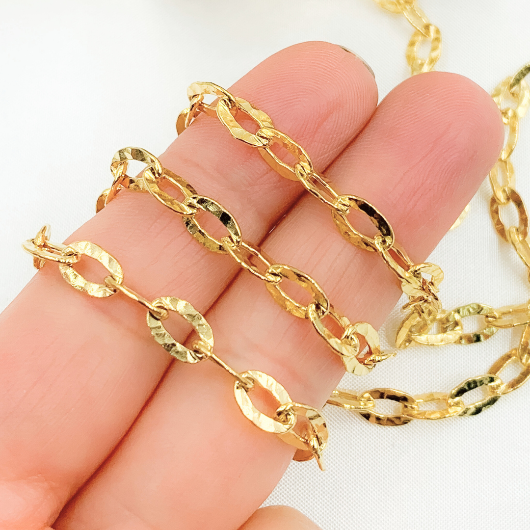 Y15GP. Gold Plated 925 Sterling Silver Flat Hammered Oval Link Chain