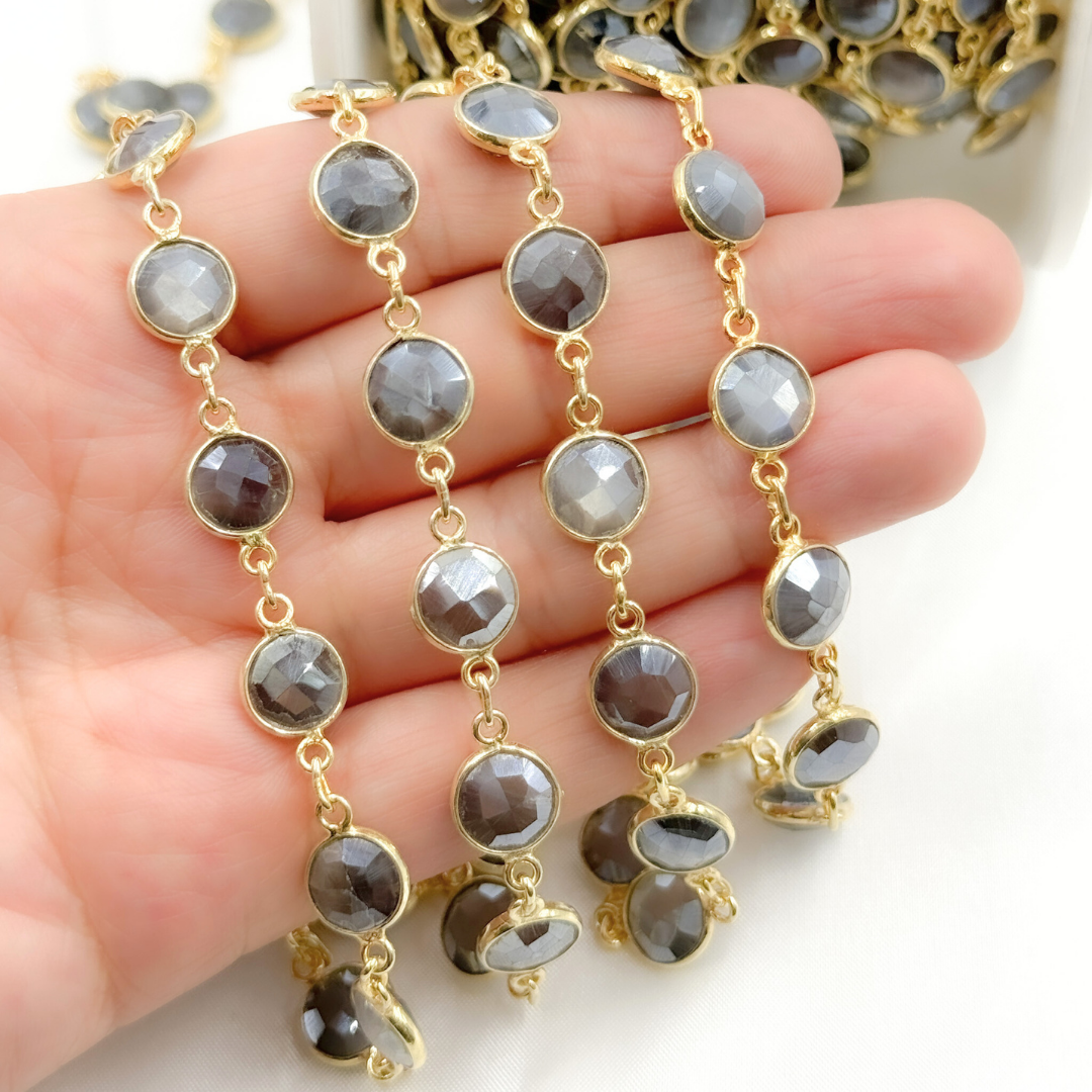 Coated Grey Moonstone Round Shape Bezel Gold Plated Wire Chain. CMS23