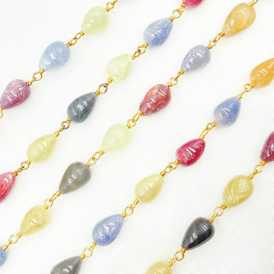 MSA27. Multi Sapphire Tear Drop Shape Gold Plated Wire Chain