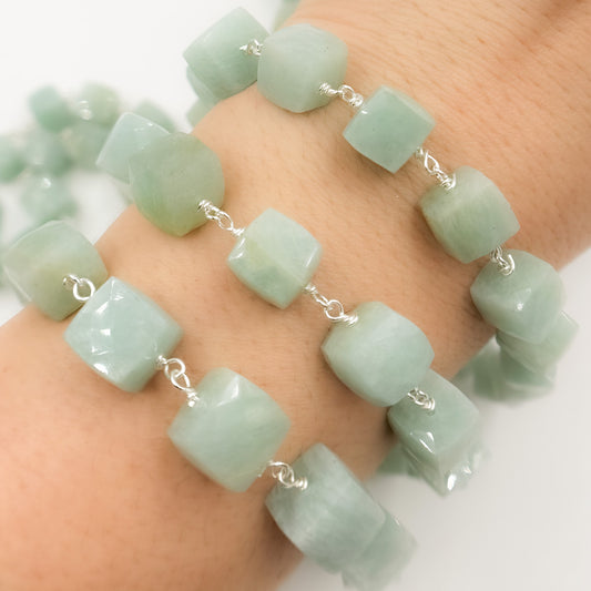 Amazonite Cube Faceted Sterling Silver Wire Chain