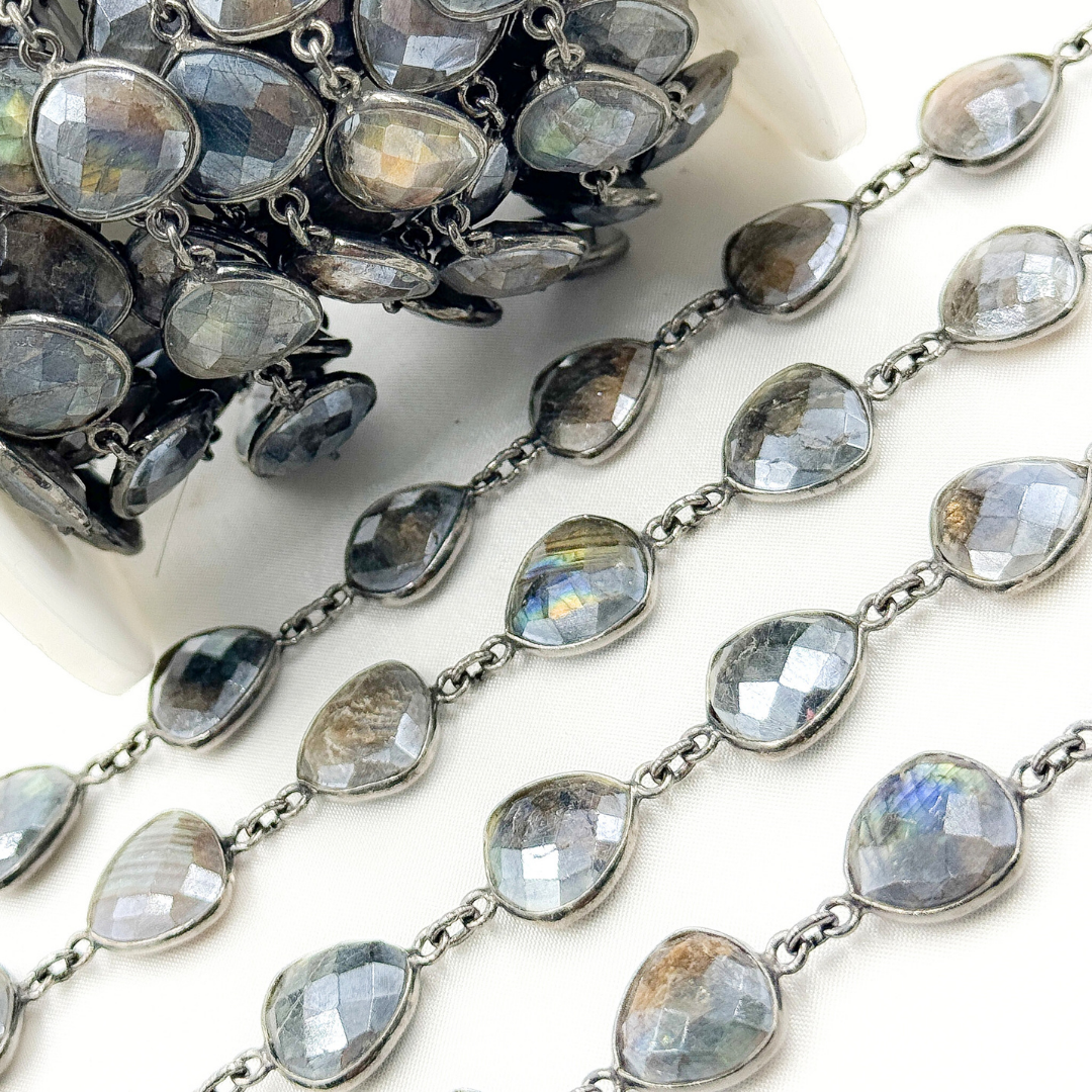 Coated Labradorite Triangle Shape Bezel Oxidized Wire Chain