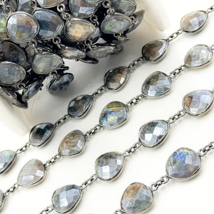 Coated Labradorite Triangle Shape Bezel Oxidized Wire Chain