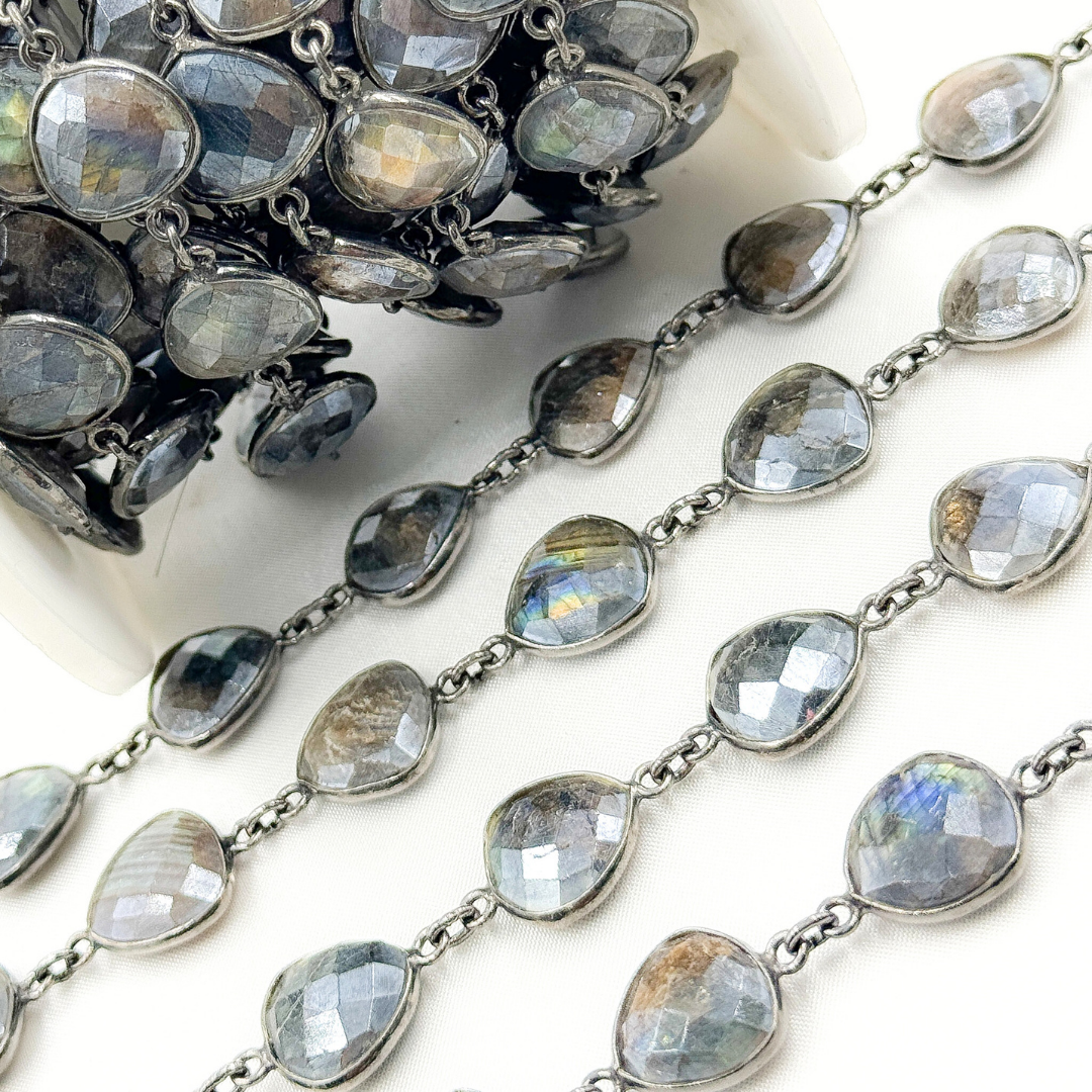 Coated Labradorite Triangle Shape Bezel Oxidized Wire Chain. CLB9