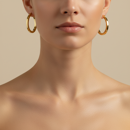 GER156. 14K Solid Gold Hollow Flat Hoop Earrings