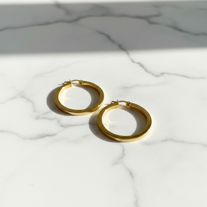 GER156. 14K Solid Gold Hollow Flat Hoop Earrings