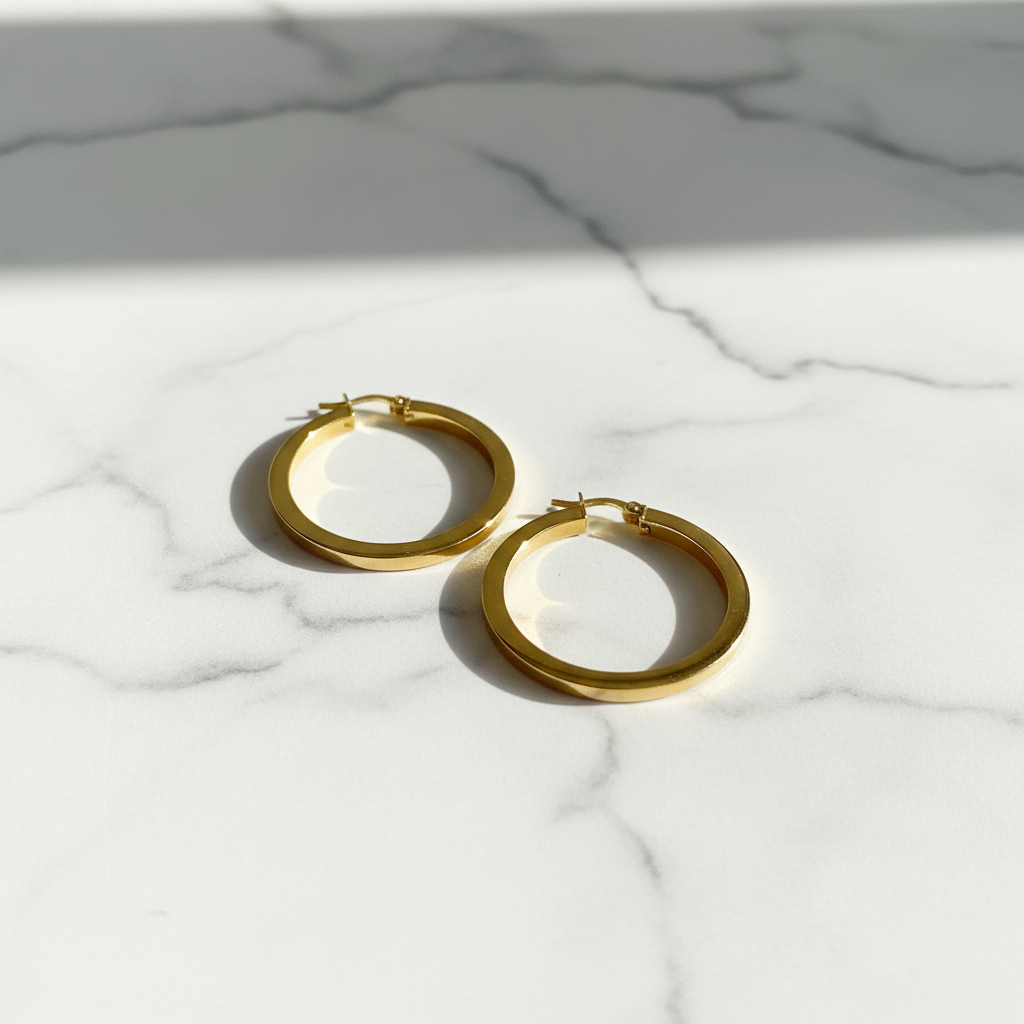 GER156. 14K Solid Gold Hollow Flat Hoop Earrings