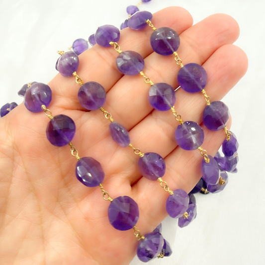 Amethyst Coin Shape Gold Plated Wire Chain.