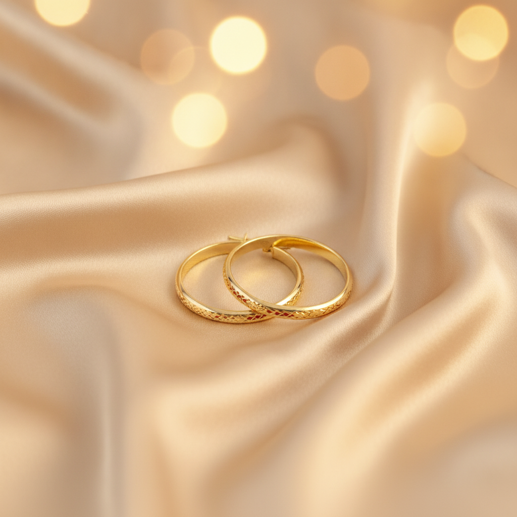 GER160. 14K Solid Gold Hollow Diamond Cut Hollow Hoop Earrings