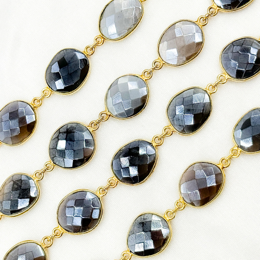 Coated Grey Moonstone Organic Shape Bezel Gold Plated Wire Chain.