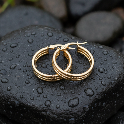15850017958. 14K Solid Gold Smooth and Textured Triple Line Hollow Hoop Earrings
