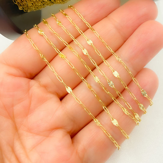 14k Solid Gold Smooth Paperclip & Diamond Cut Oval Link Chain