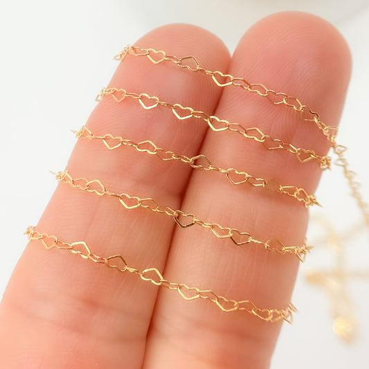 14K Yellow Solid Gold Flat Heart Link Chain