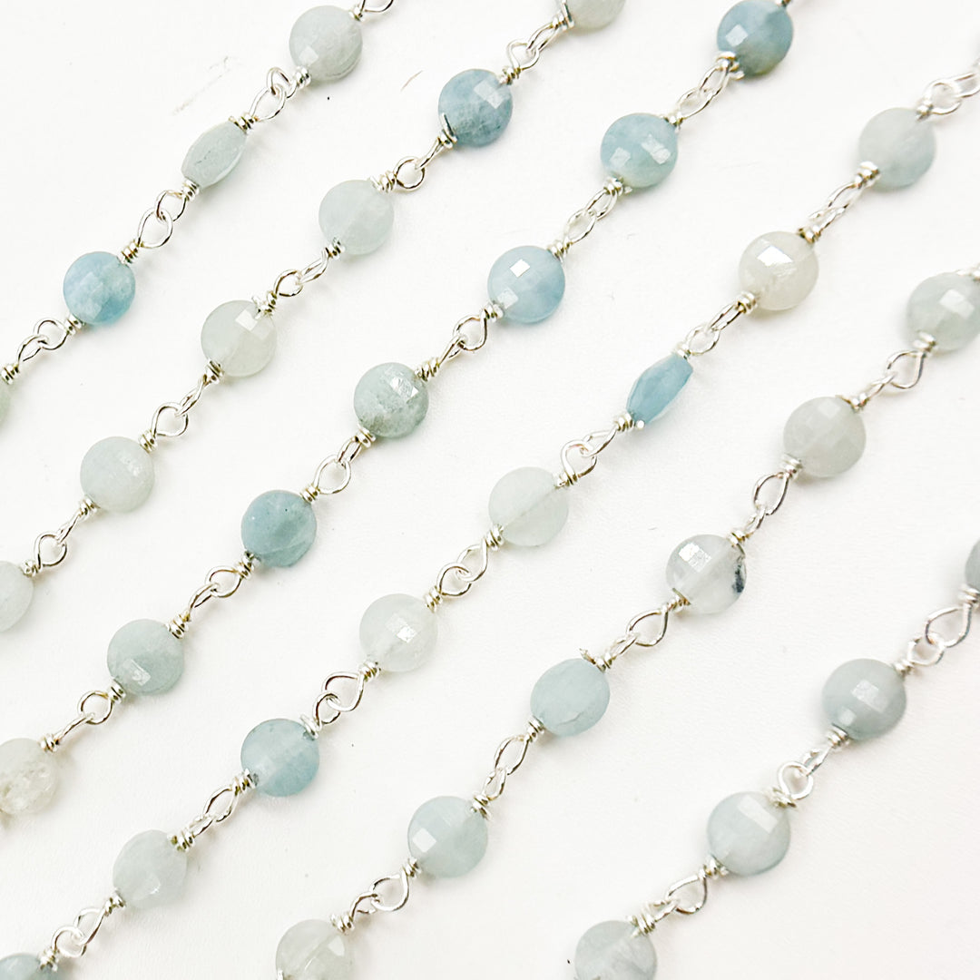 AQU31. Shaded Milky Aquamarine Coin Shape Sterling Silver Wire Chain