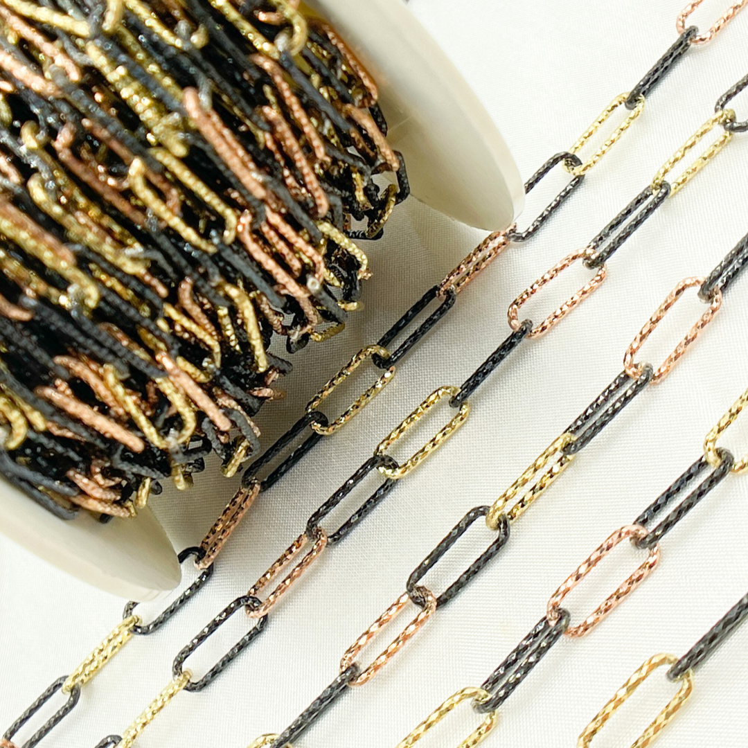 Gold Plated, Black Rhodium & Rose Gold Plated 925 Sterling Silver Diamond Cut Paperclip Chain. V9GBR