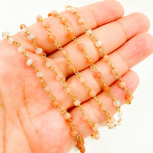 Multi Moonstone Shaded Peach Organic Shape Wire Wrap Chain