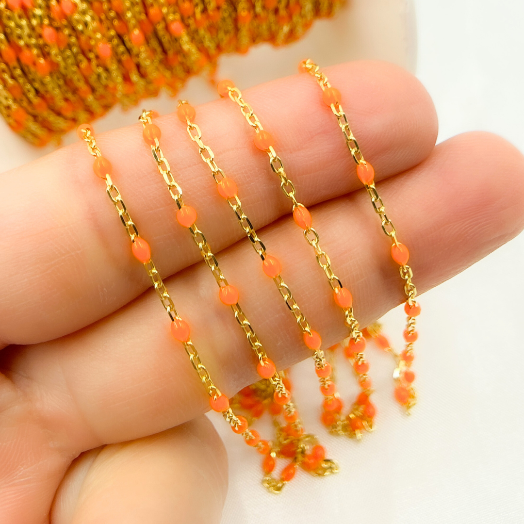 925 Sterling Silver Gold Plated  Enamel Orange Color Cable Chain. V203ORGP