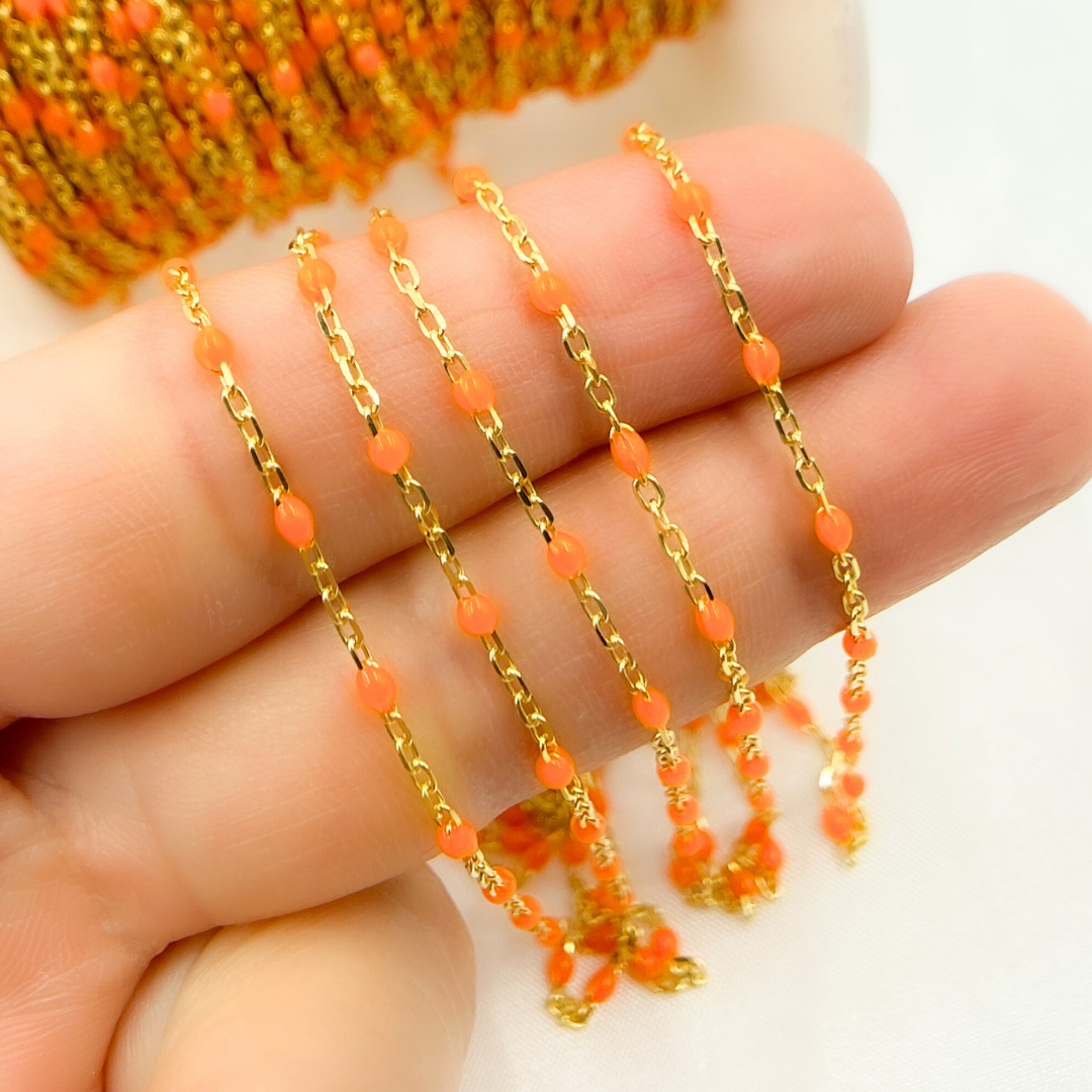 V203ORGP. Gold Plated Sterling Silver Enamel Orange Color Chain