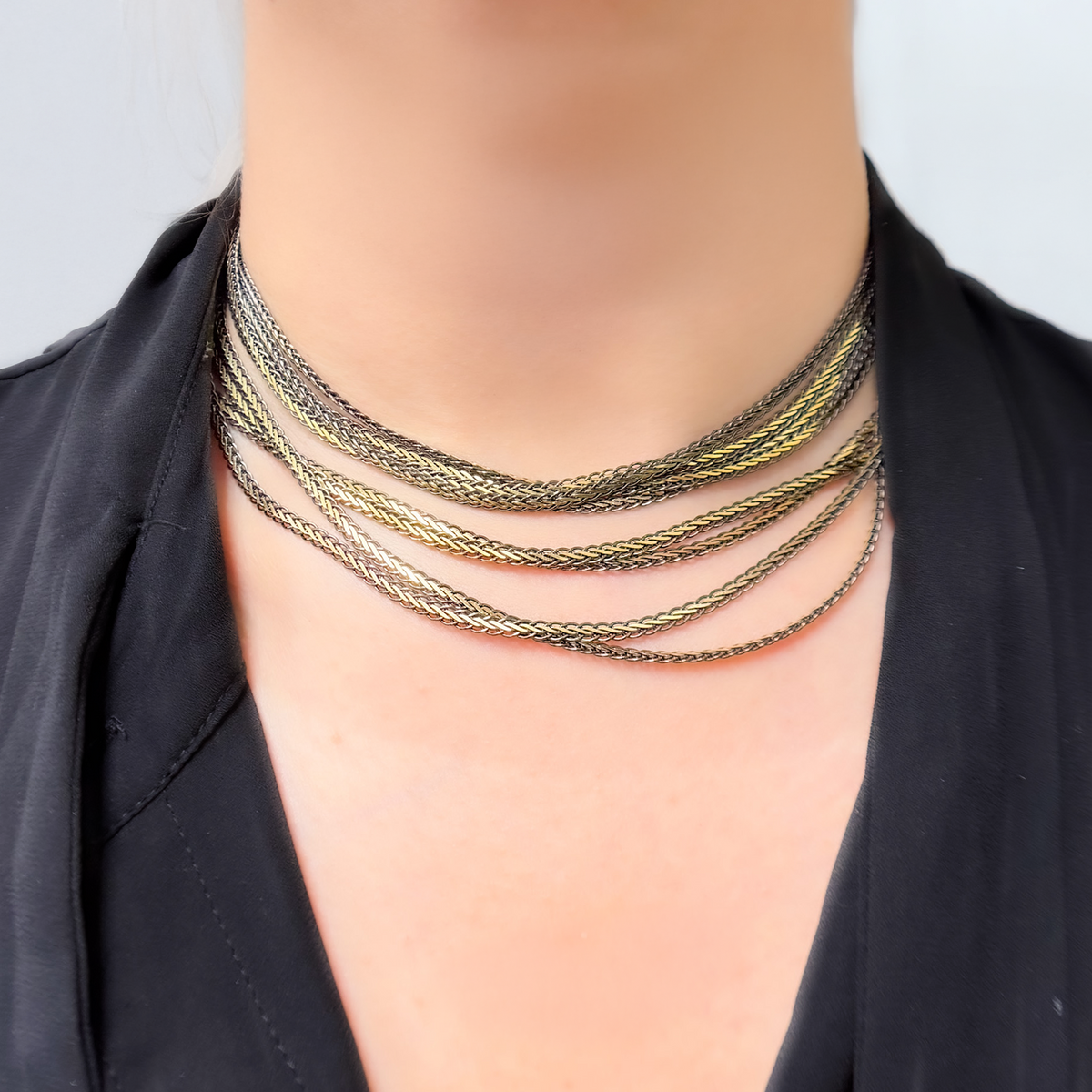 Black Rhodium Sterling Silver and Gold Plated Flat Wheat Necklace