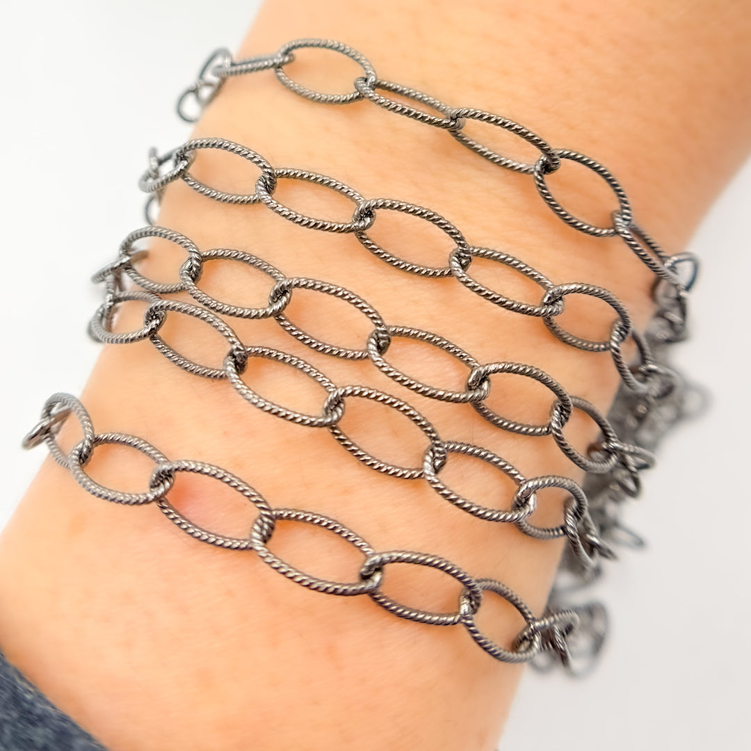 Black Rhodium Sterling Silver Twisted Oval Link Chain