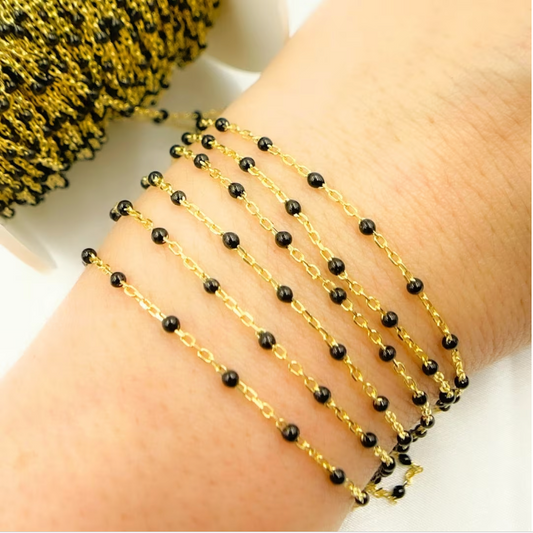 Gold Plated  Sterling Silver Enamel Black Color Cable Chain
