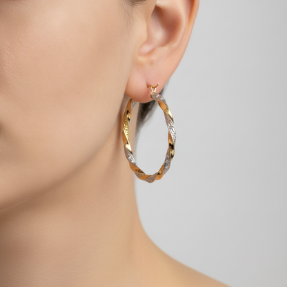GER124. 14K Solid Gold Twisted Hollow Hoop with Engraved
